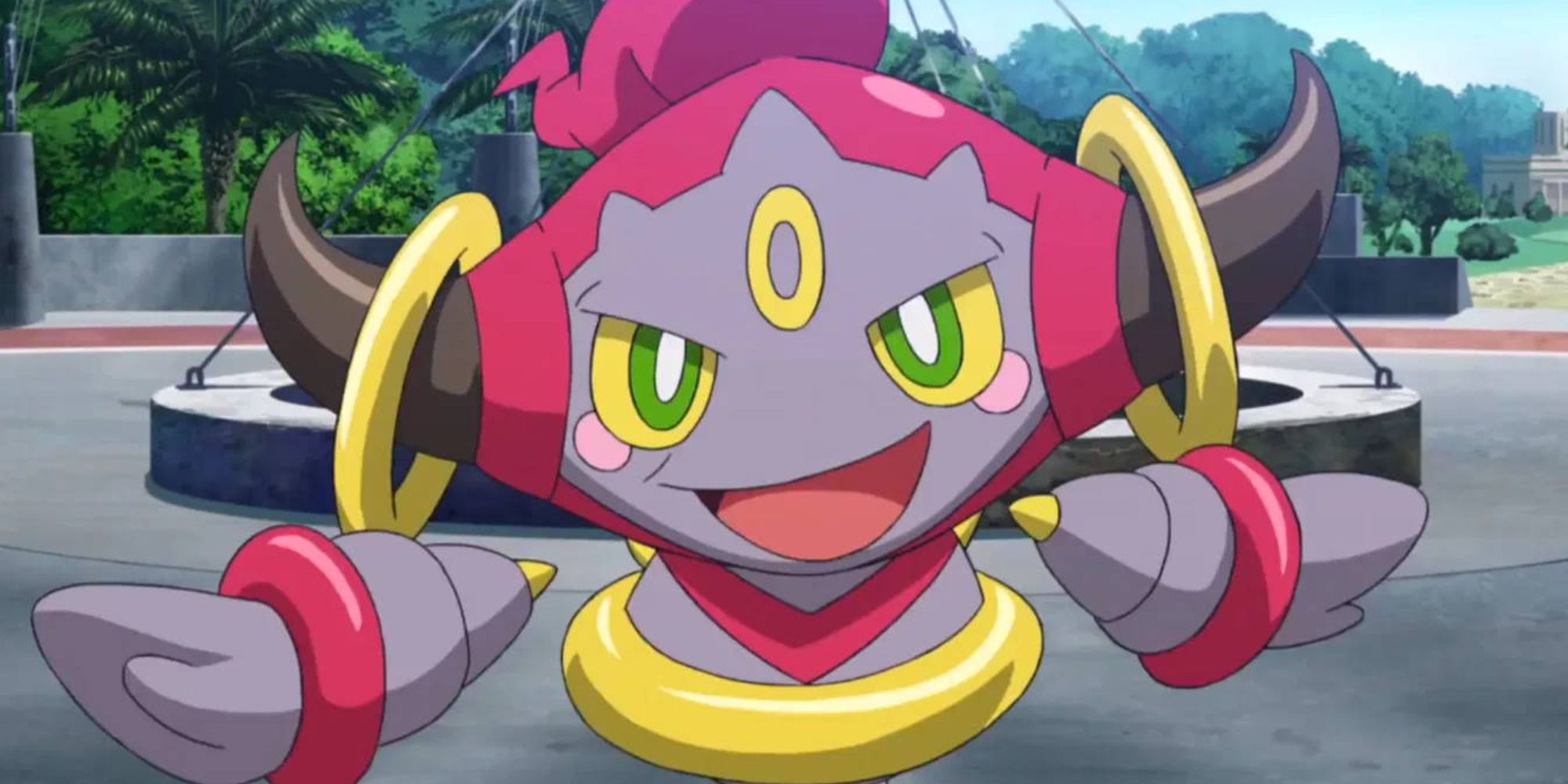Hoopa in Pokemon GO laughs mischievously. 