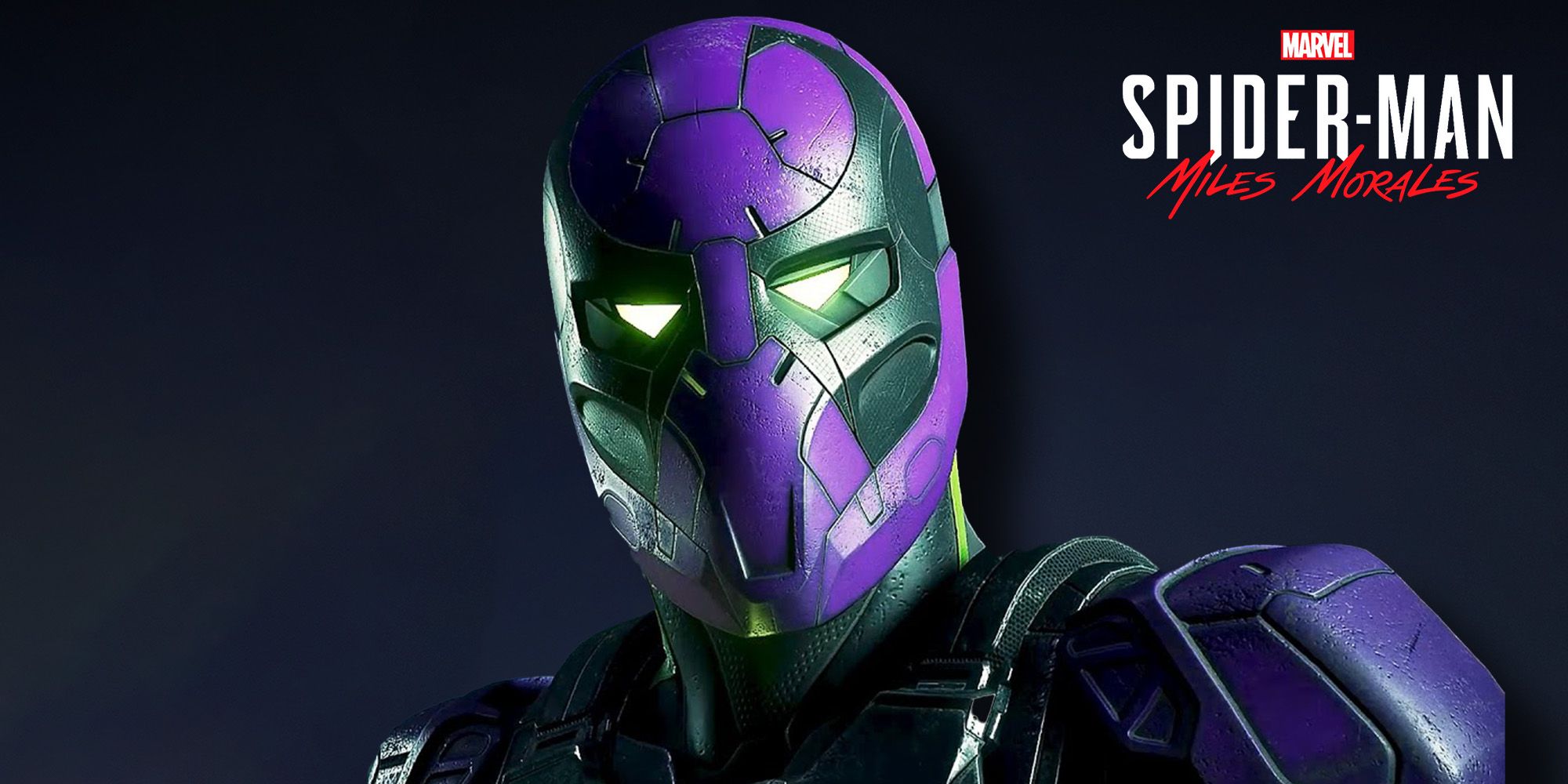 Prowler headshot with lit eyes. Spider-Man Miles Morales logo in top right of image.