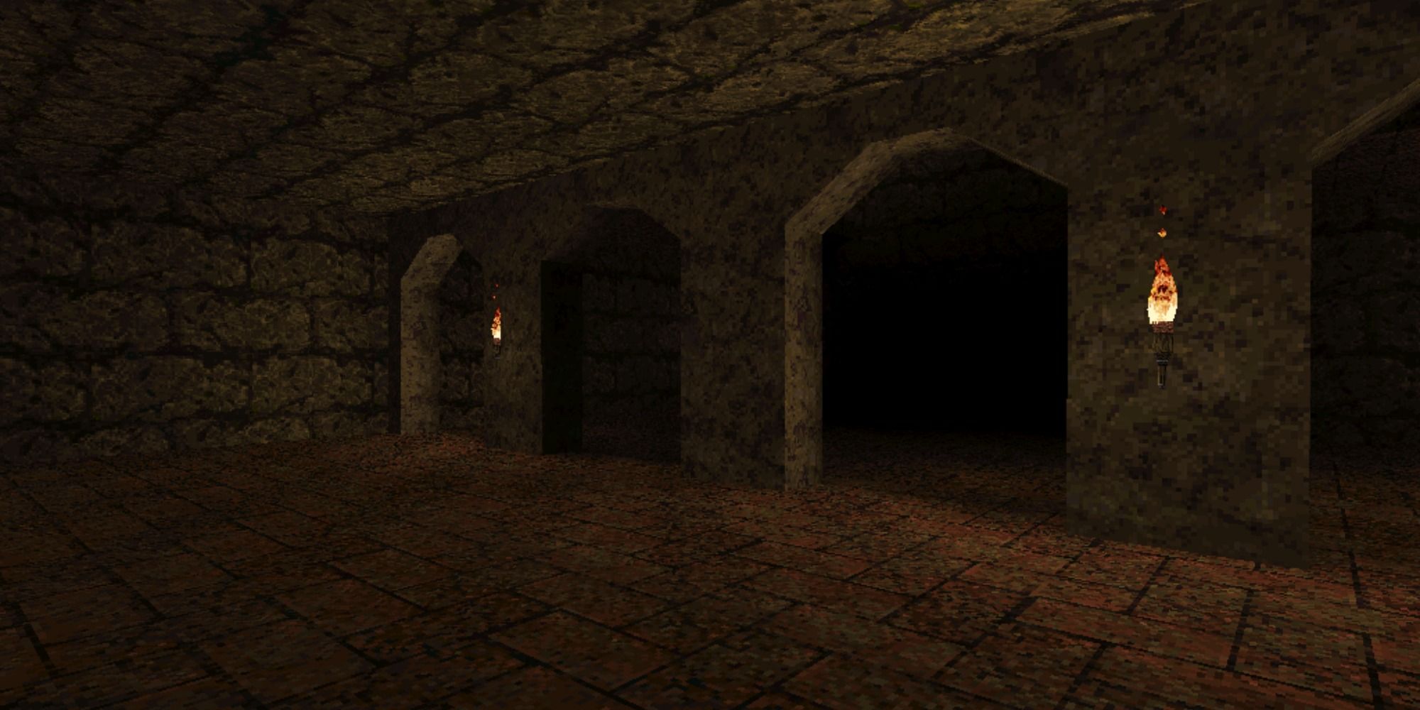 an angled photo of a room on the Quake multiplayer map DM1: Place of Two Deaths