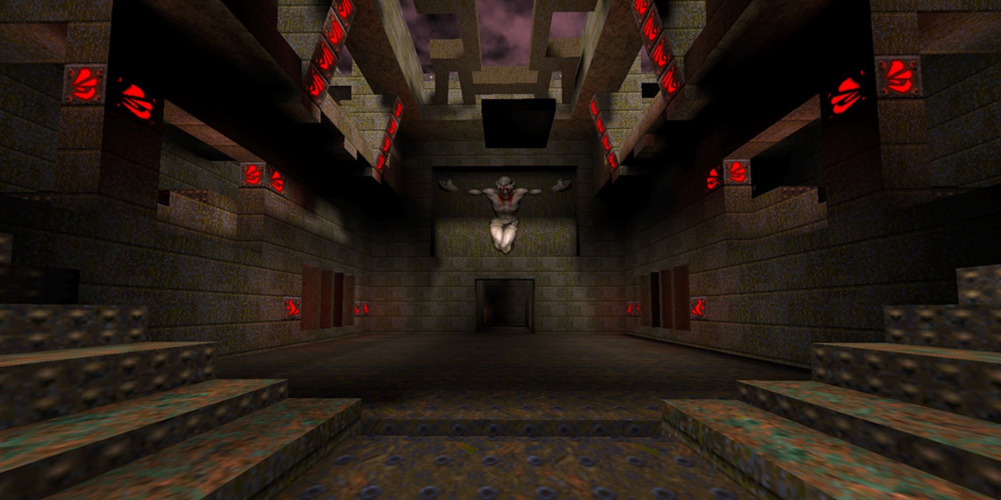 the main room of the Quake multiplayer map DM2: Claustrophobolis with bright red lights and stairs