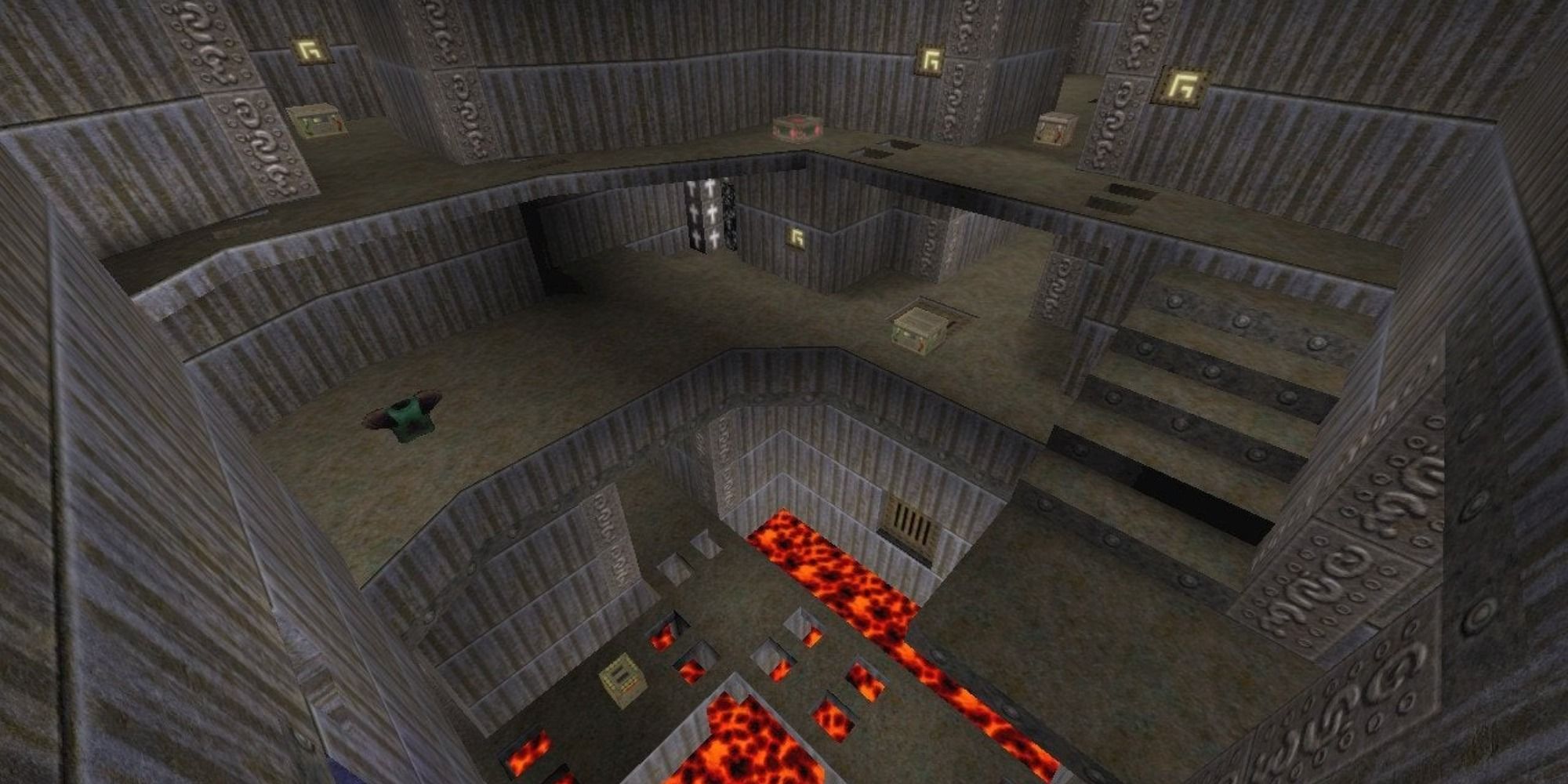a top-down view of the Quake multiplayer map DM4: The Bad Place with lava floor, and stairs connecting multiple levels