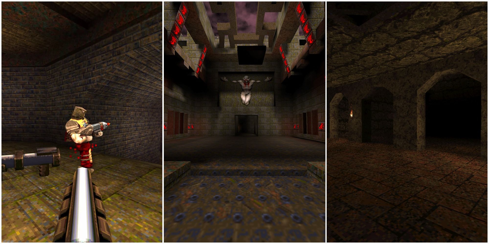 a three photo collage of quake multiplayer deathmatch action and maps