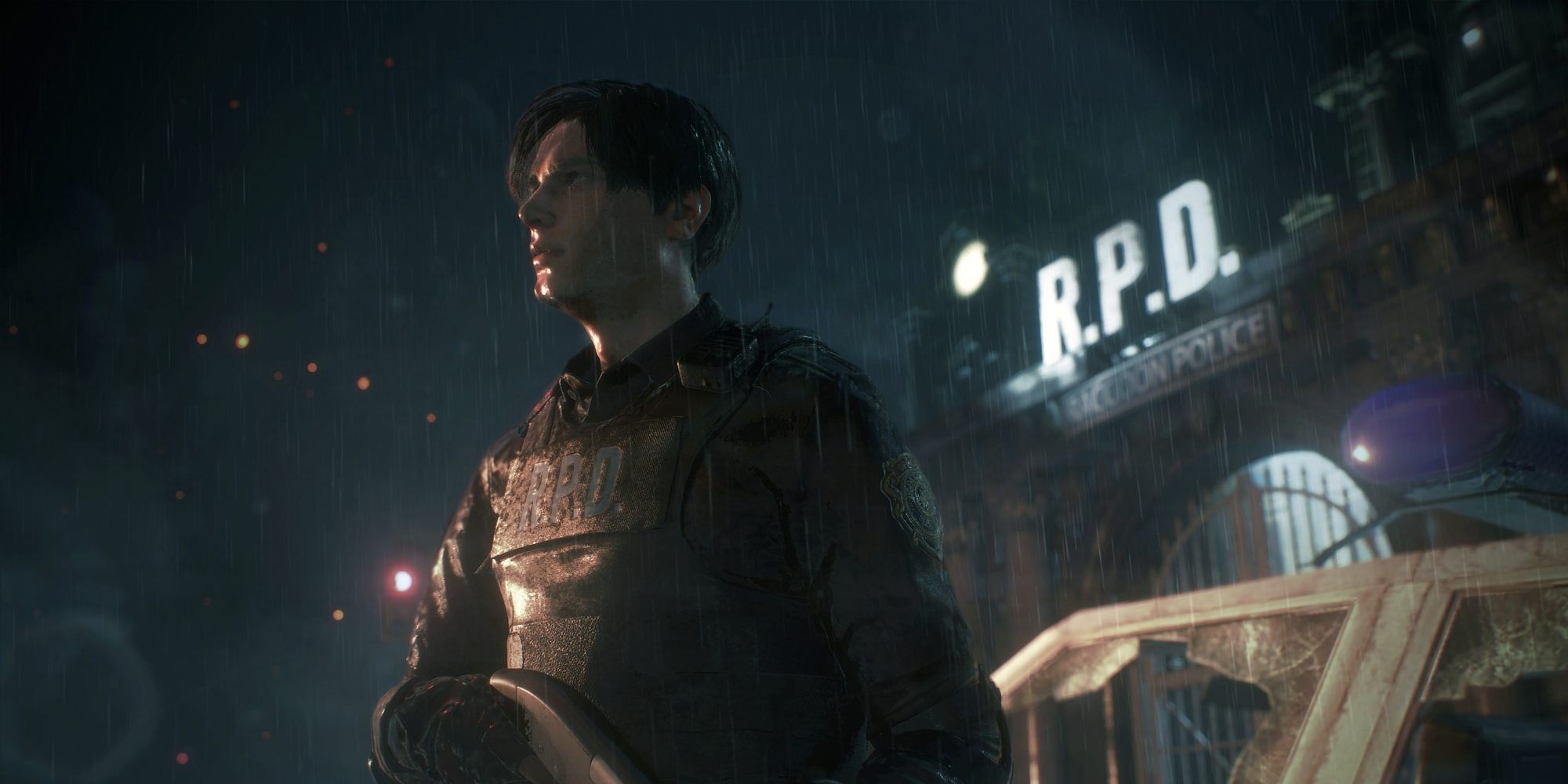 Leon in rain in front of the police station.