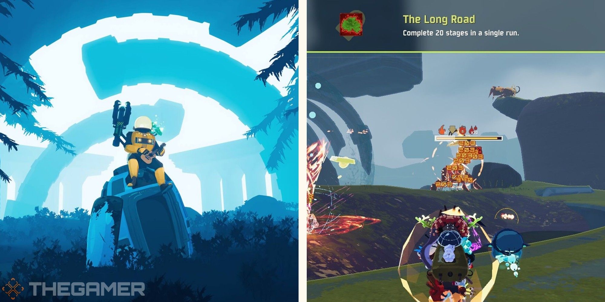 official risk of rain 2 art next to image of player completing the long road challenge