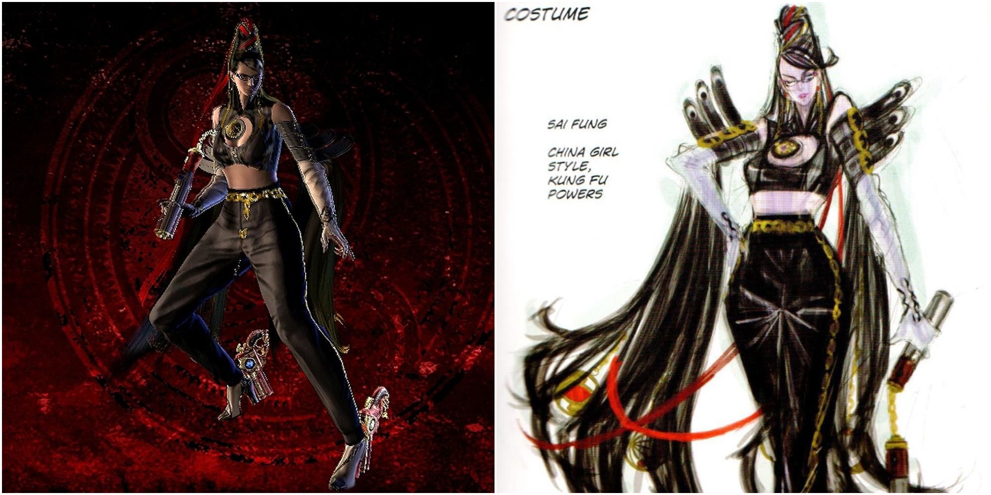 Sai Fung nunchucks Umbran Elegance Costume in Bayonetta (left) and concept art (right)