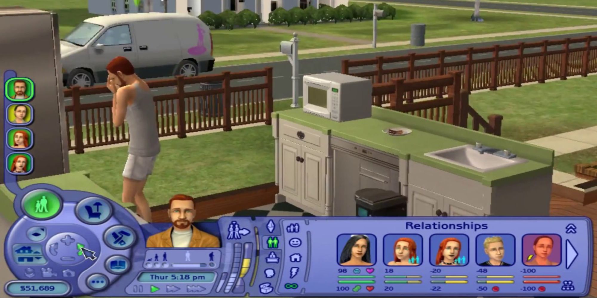 sims 2 sim in kitchen with the front yard and neighboring homes visible, along with in-game UI.