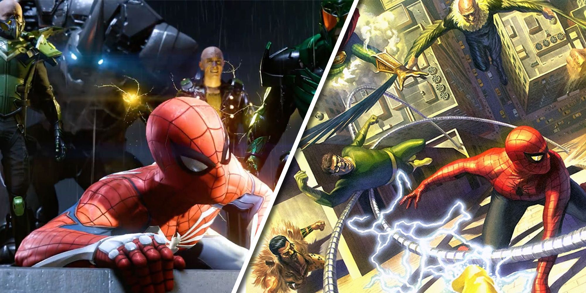 Split image: The Sinister Six from Marvel's Spider-Man PS4 on left. The Sinister Six from comics on right. 