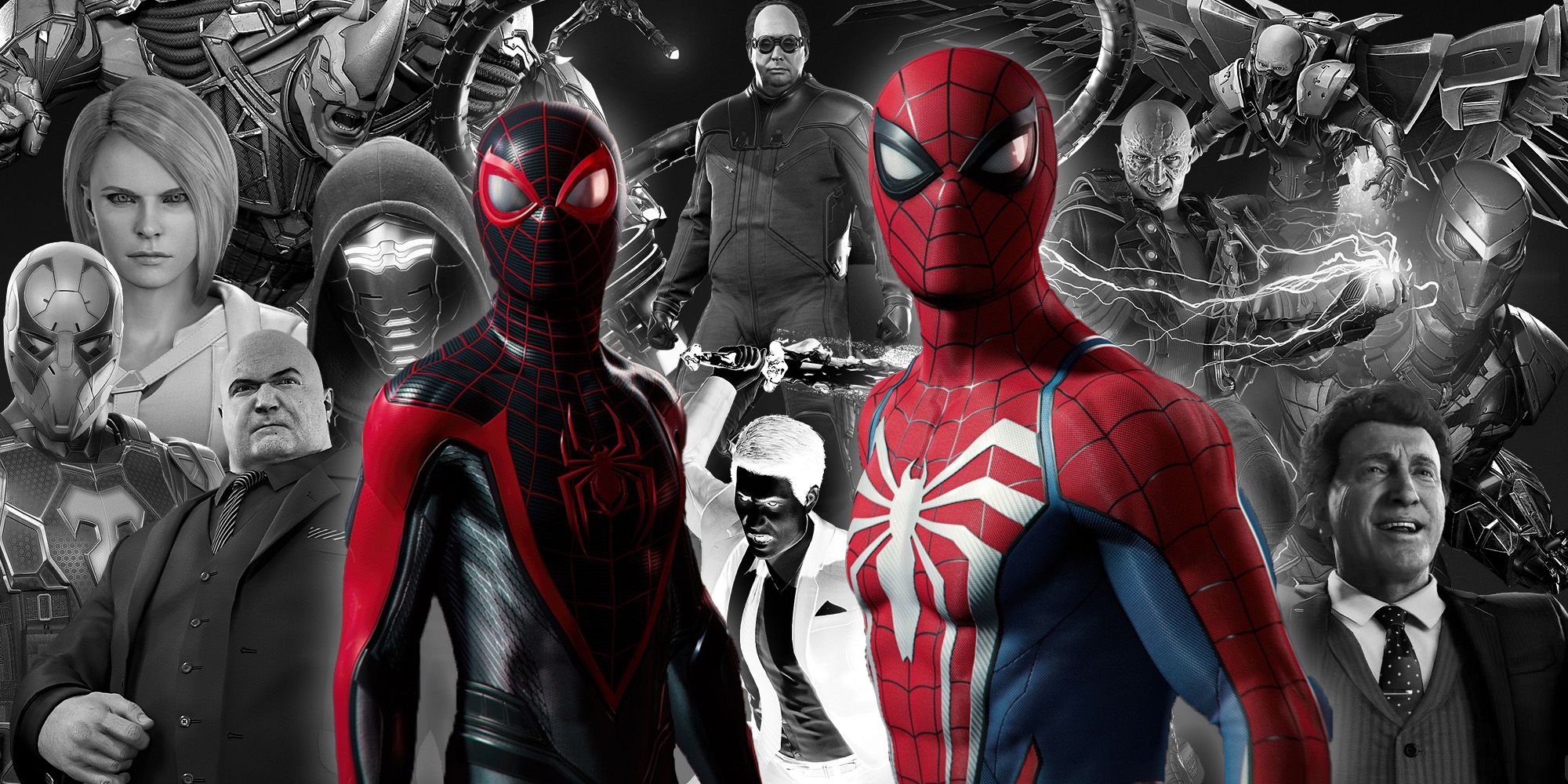 Marvel's Spider-Man 2: Peter Parker and Miles Morales in color surrounded by various supervillains in black and white