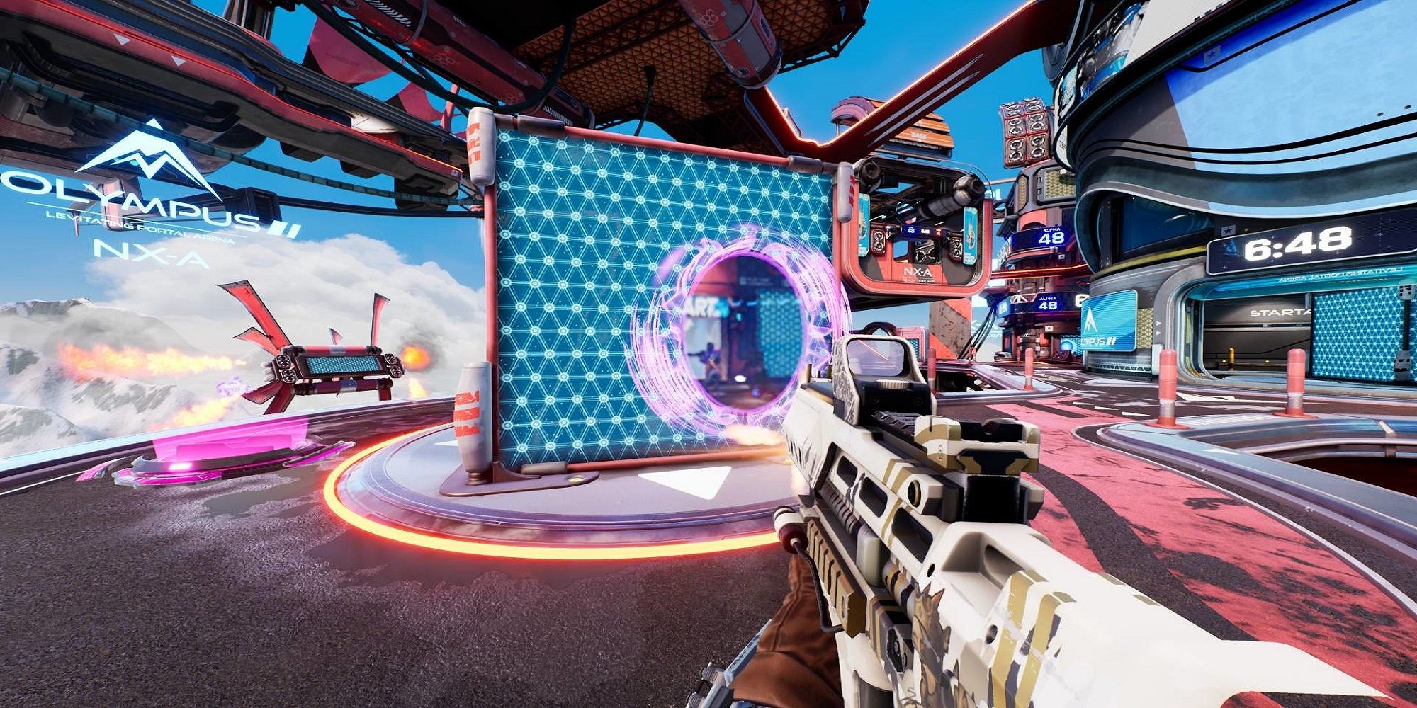 splitgate character aiming a gun at a portal