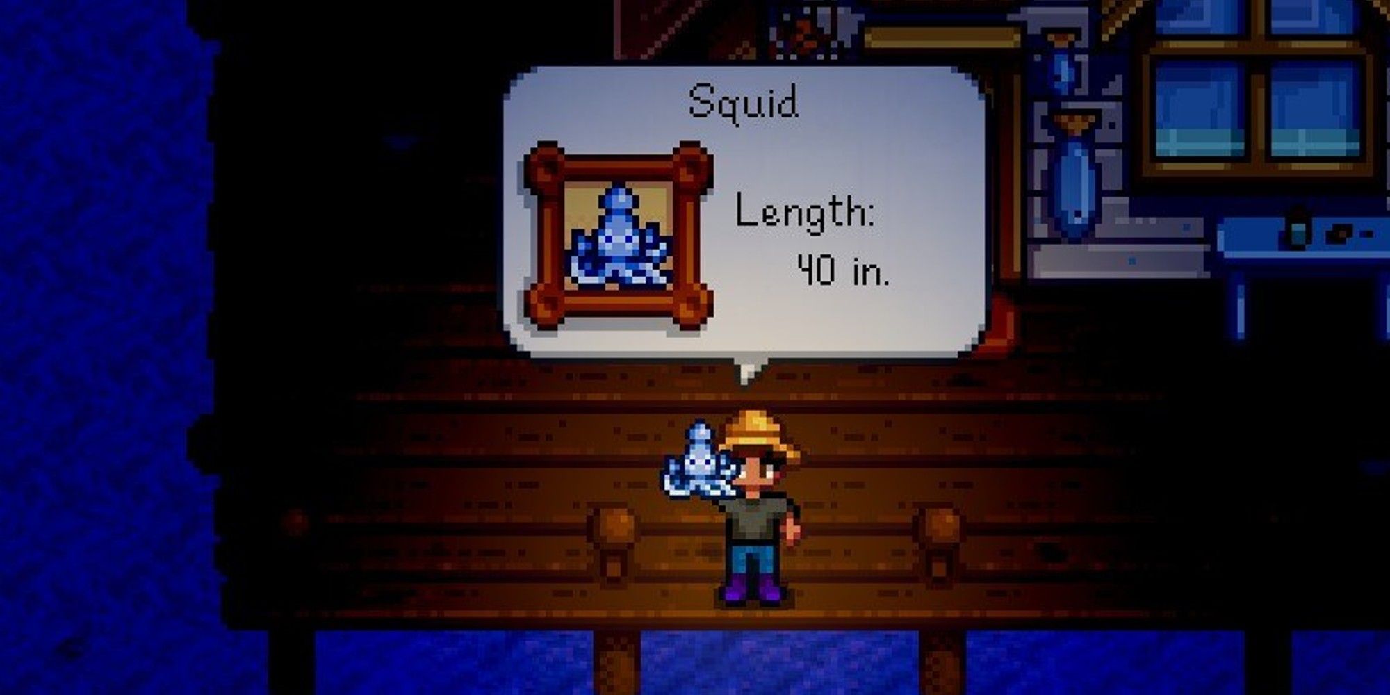 player standing on docks holding a newly caught squid