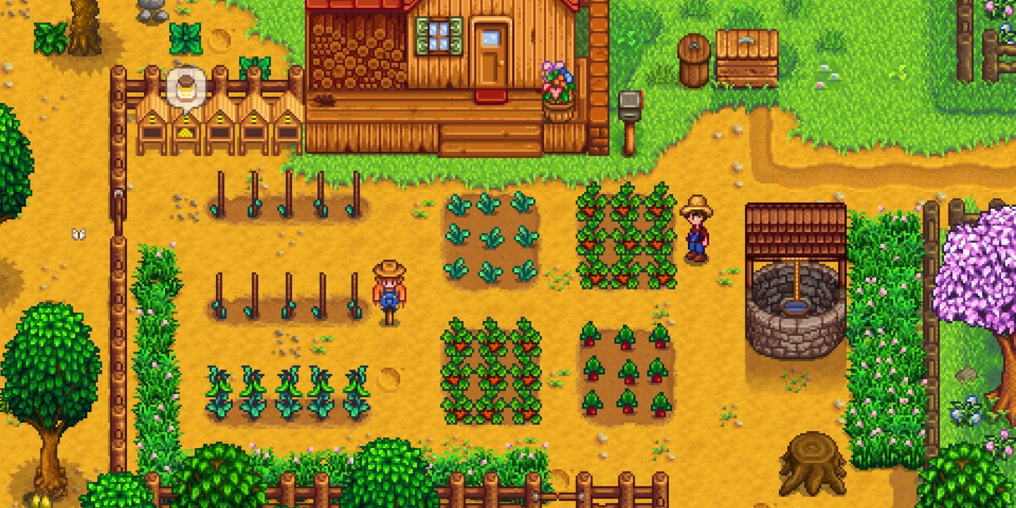 stardew valley farm with crops and a well