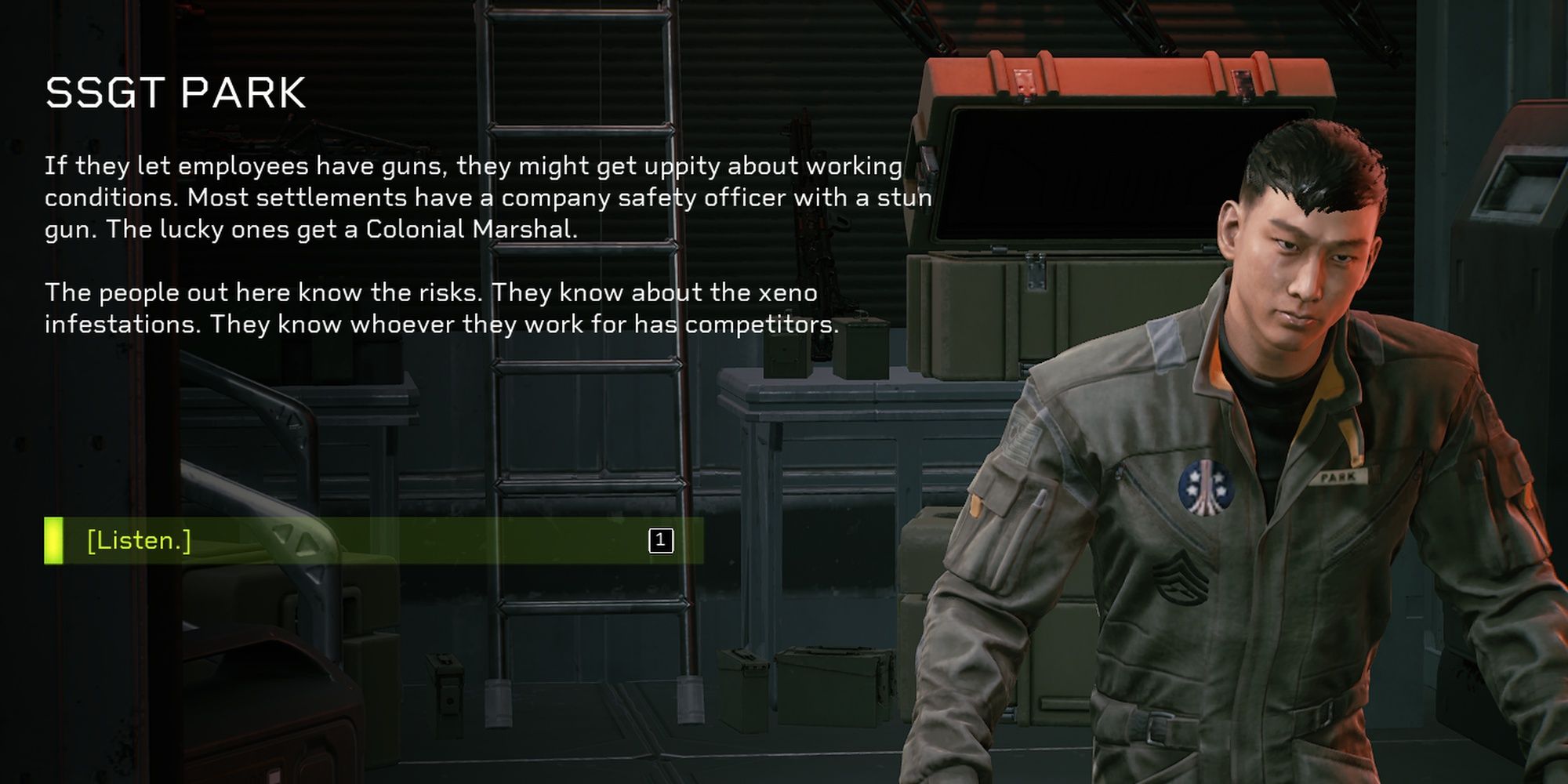 Aliens: Fireteam Elite Requisitions Officer Discussing Working Conditions