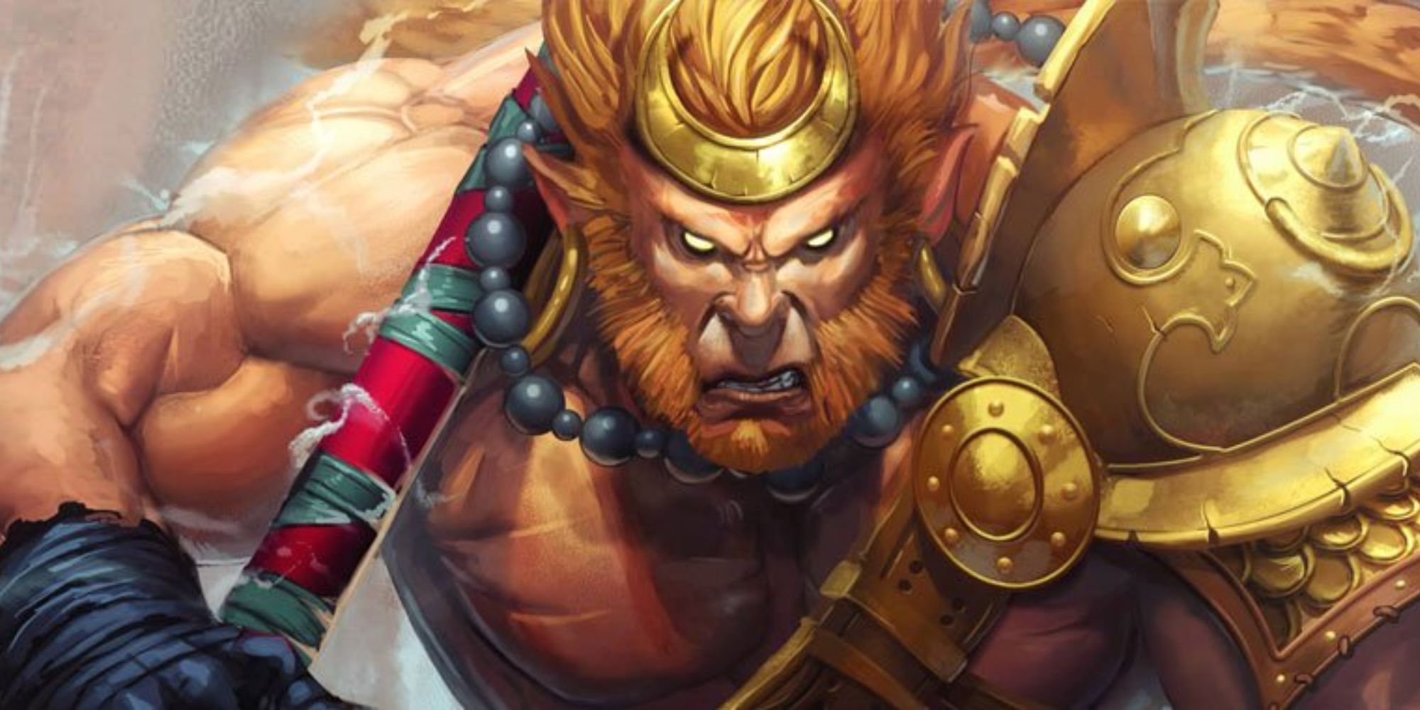 Sun-Wukong Smite god official art threatening pose weapon over shoulder.