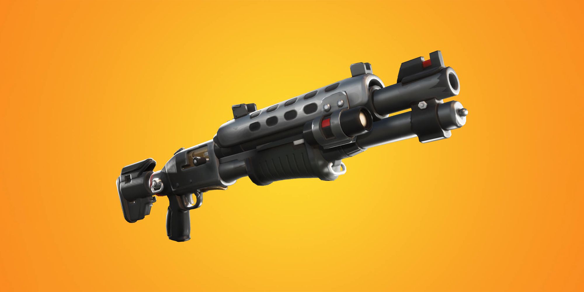 A legendary tactical shotgun from Fortnite featured before an orange gradient backdrop. 