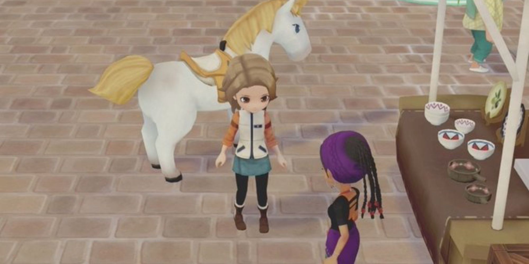 the character pioneers of olive town with a unicorn and a villager