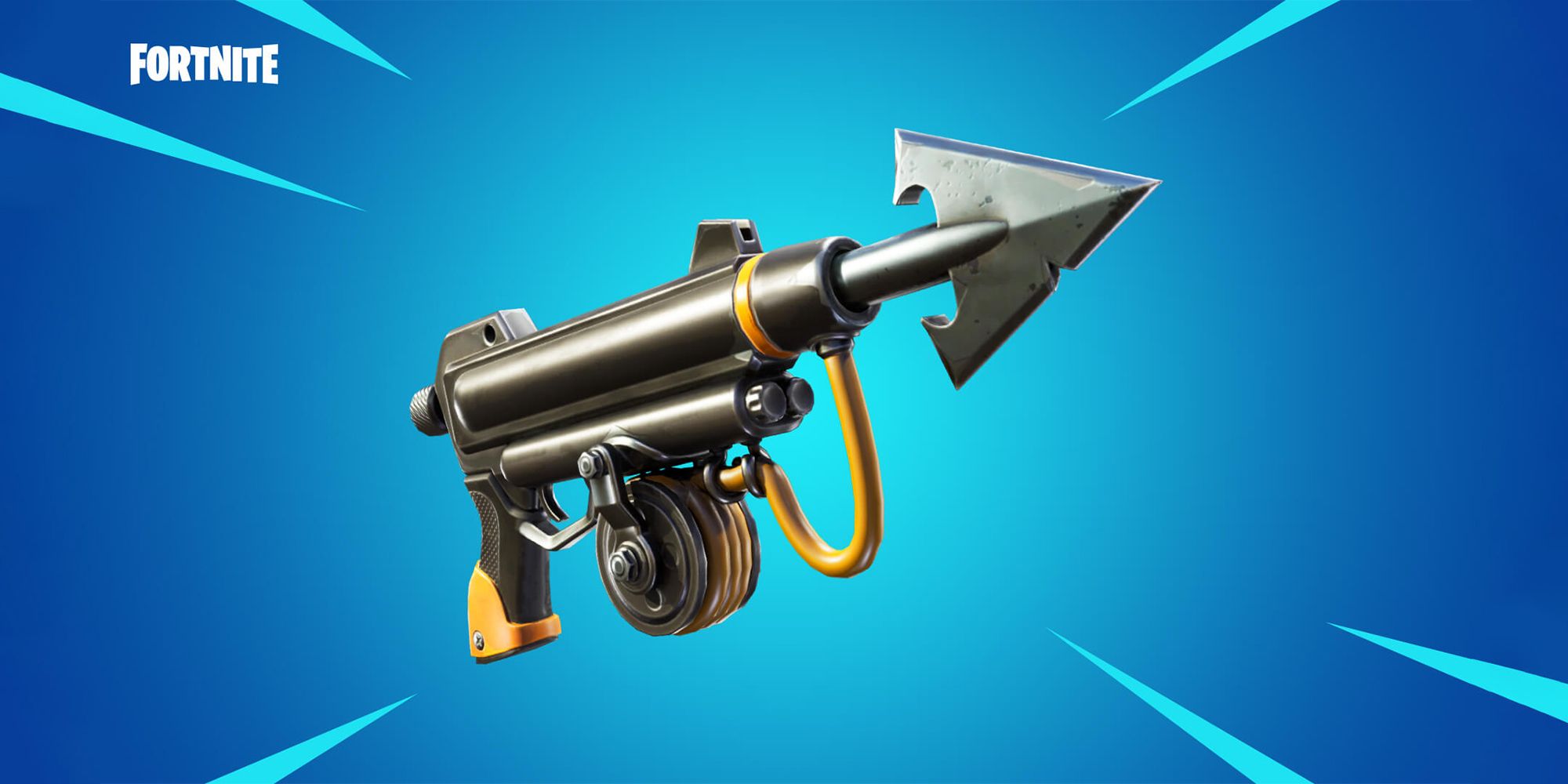 Rare Harpoon Gun from Fortnite before a blue backdrop. Fortnite logo is included in the top left corner of the image.
