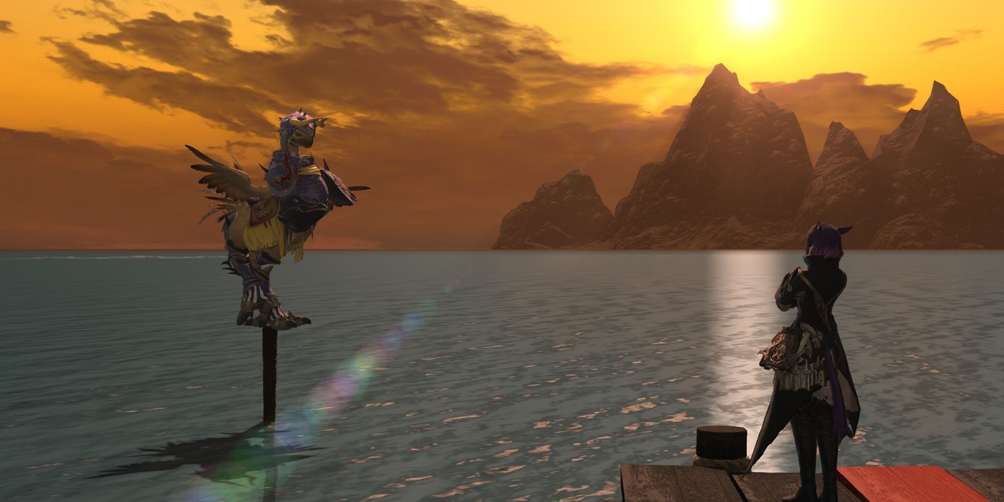 player character training chocobo companion over ocean at sunset