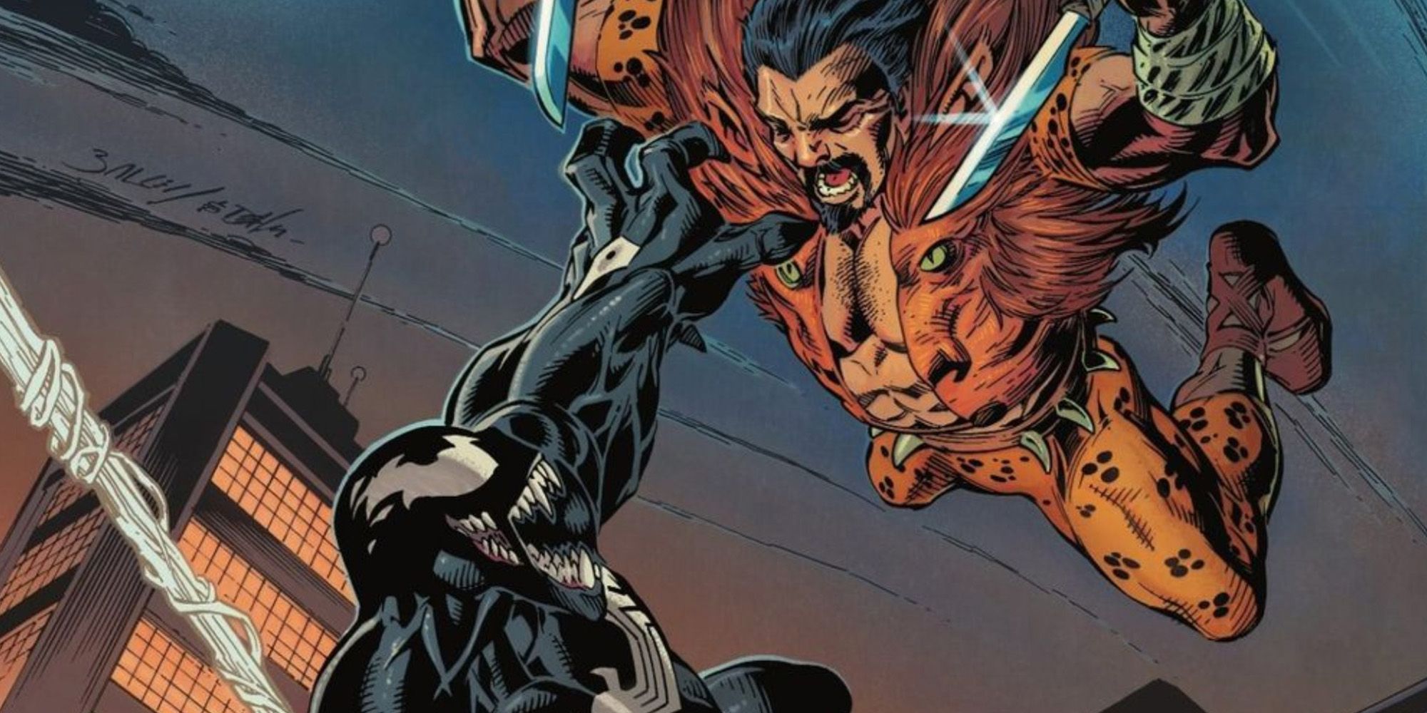 Kraven lunges at Eddie Brock's Venom with two daggers in mid-air