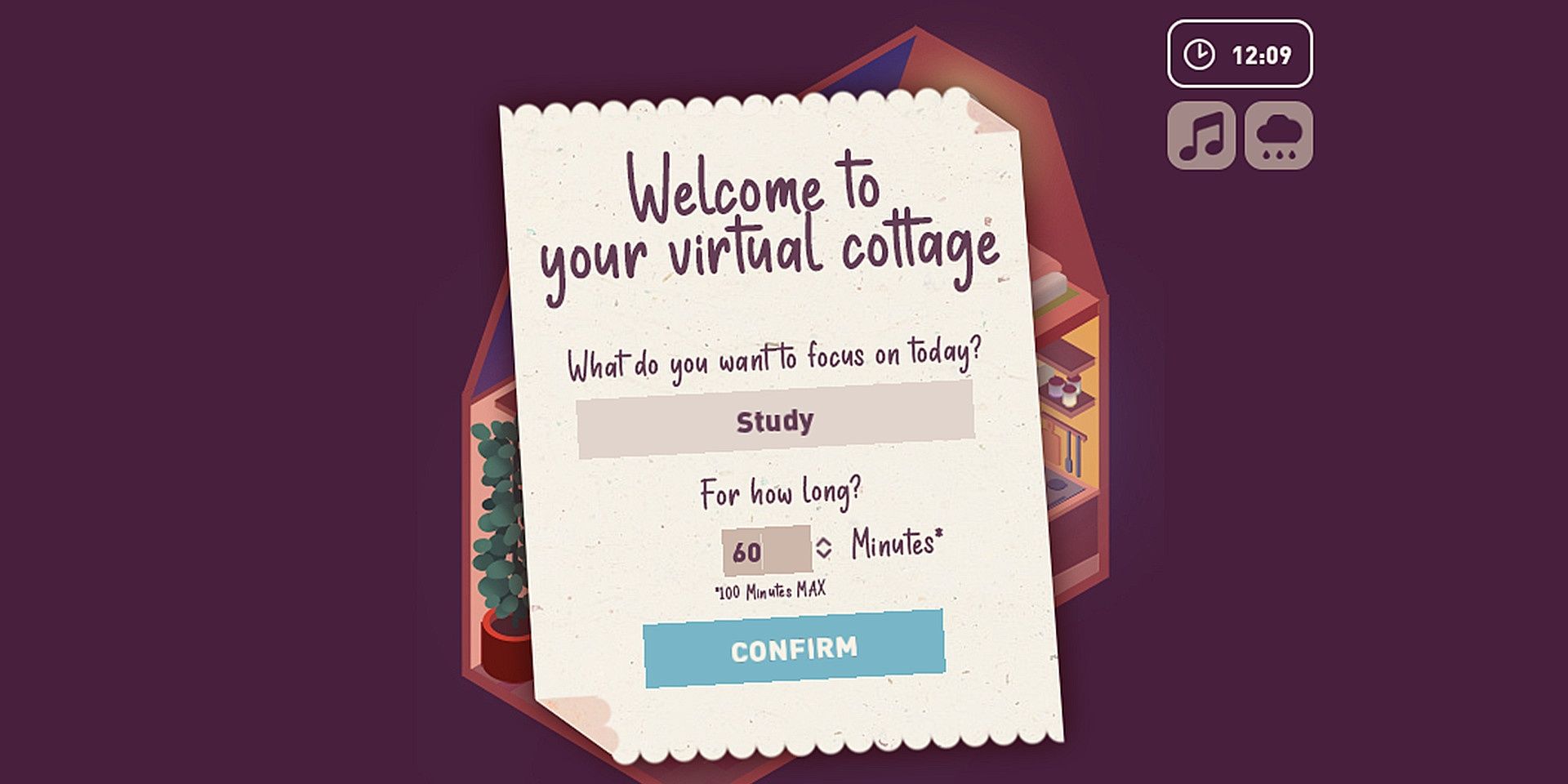 Virtual cottage home screen reads welcome to your virtual cottage and has options to input your task and a timer