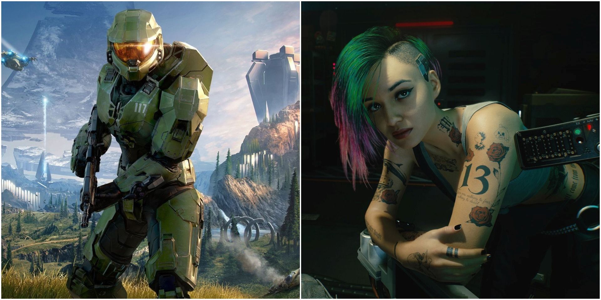 A collage showing Master Chief in Halo Infinite and Judy Alvarez in Cyberpunk 2077