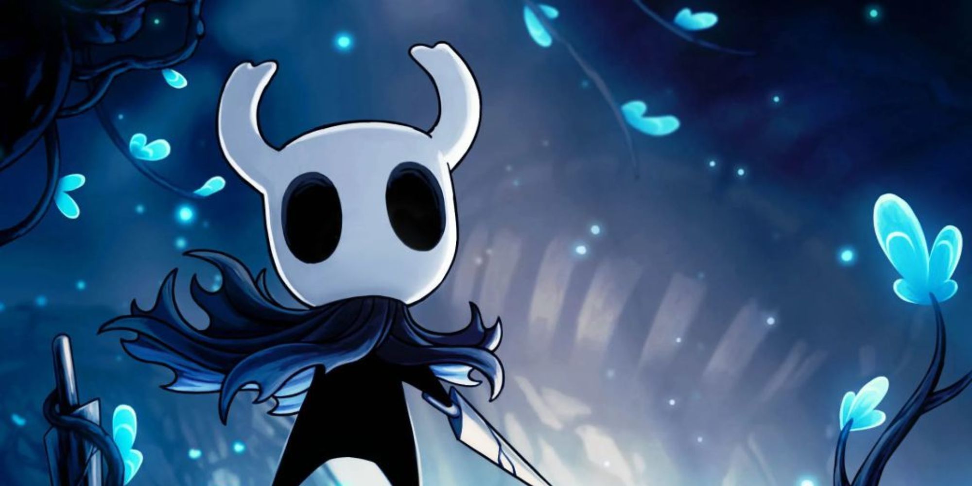 Hollow Knight official video game art strong pose with weapon in hand 