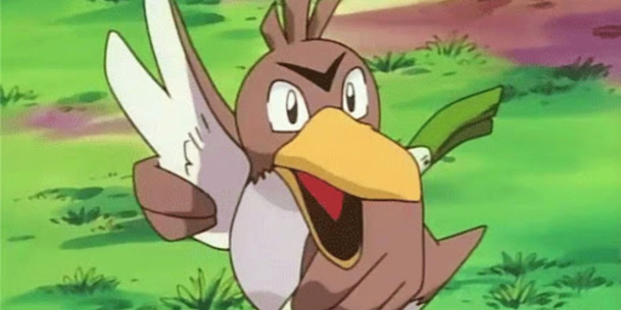 A happy Farfetch'd from the Pokemon Anime giving the peace sign.