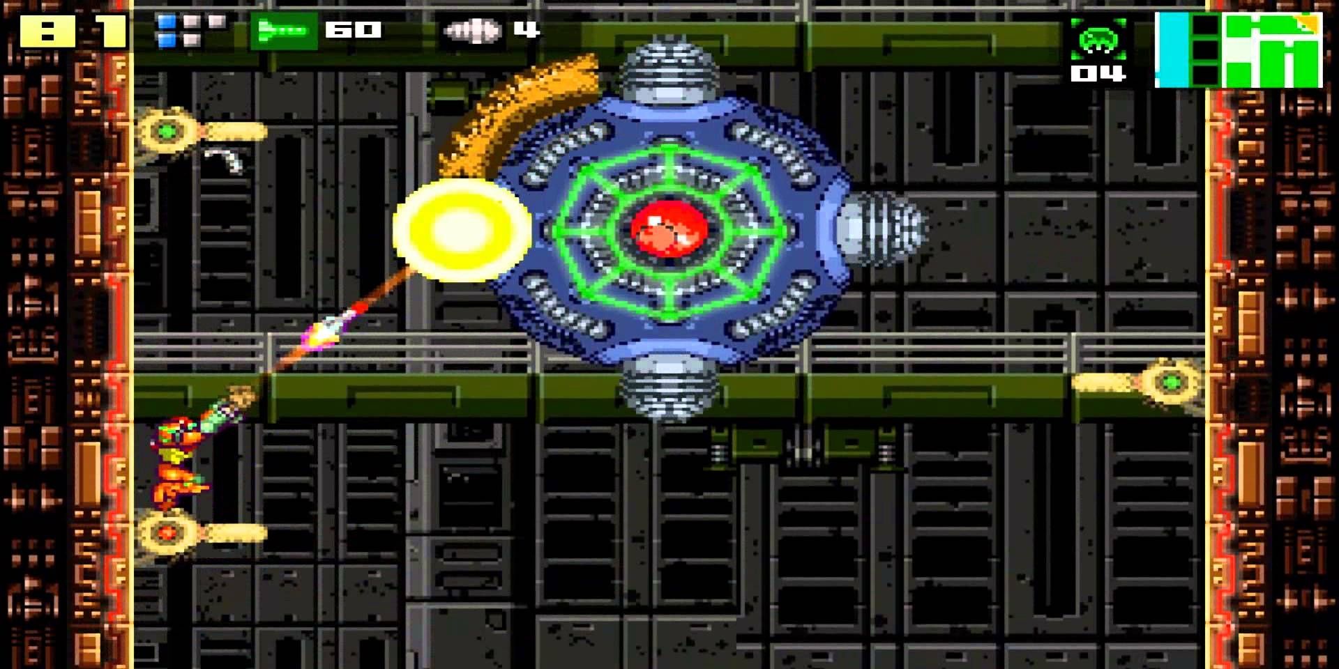 AM2R gameplay showing samus firing missiles at a boss whilst crouching