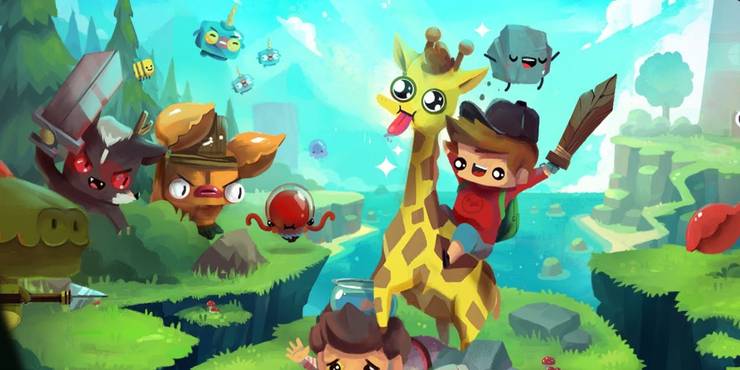 The Adventure Pals Official Game Artwork Protagonist riding Giraffe with rock friend holding sword 