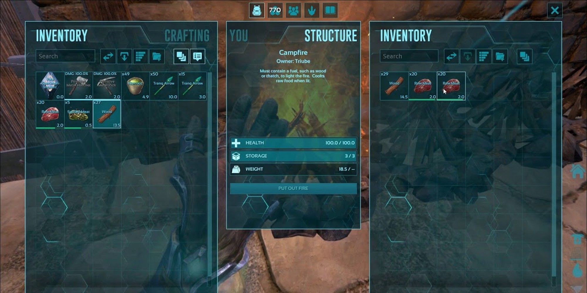 player interacting with campfire inventory