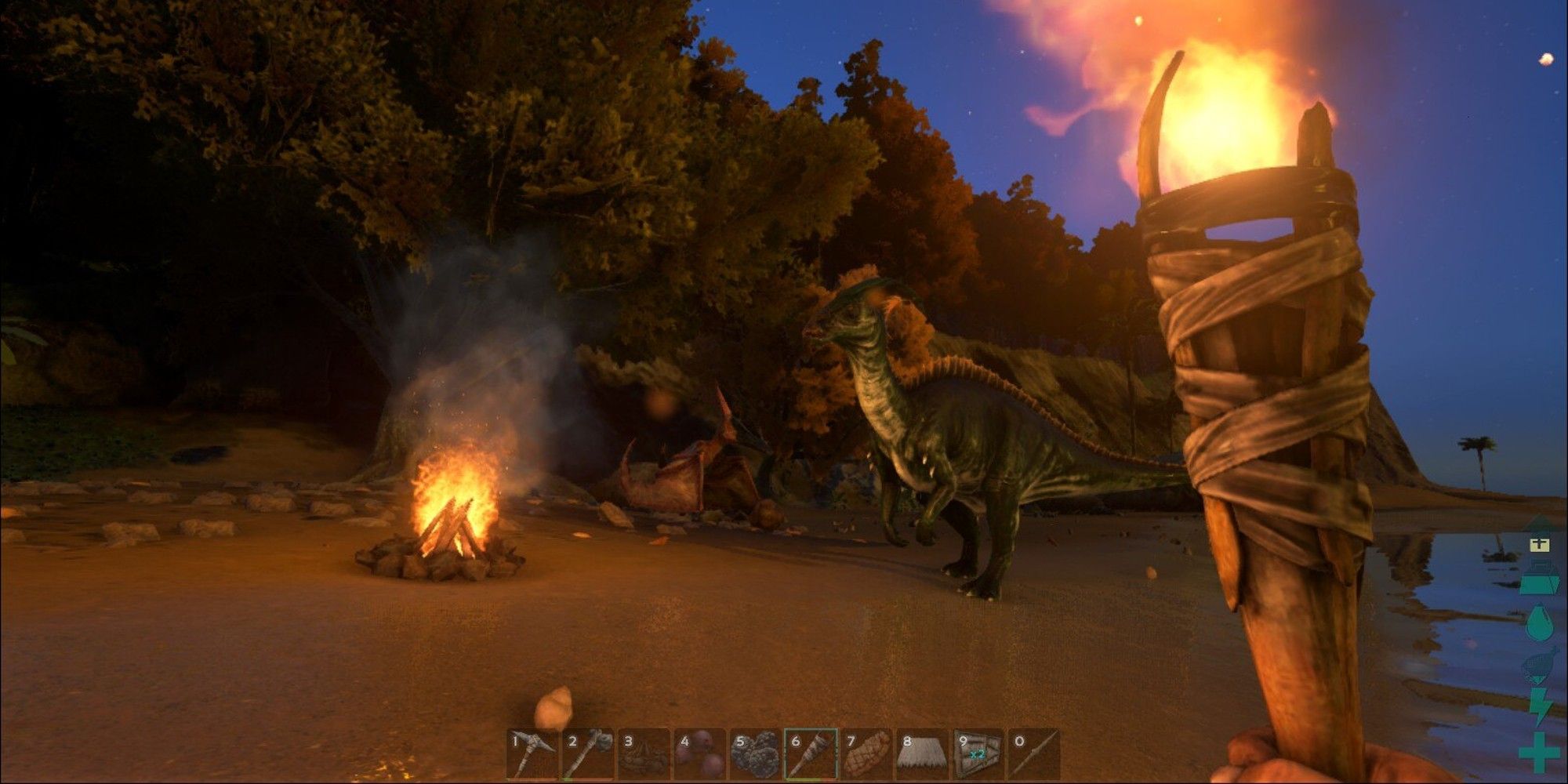 player and dinosaur standing near a campfire