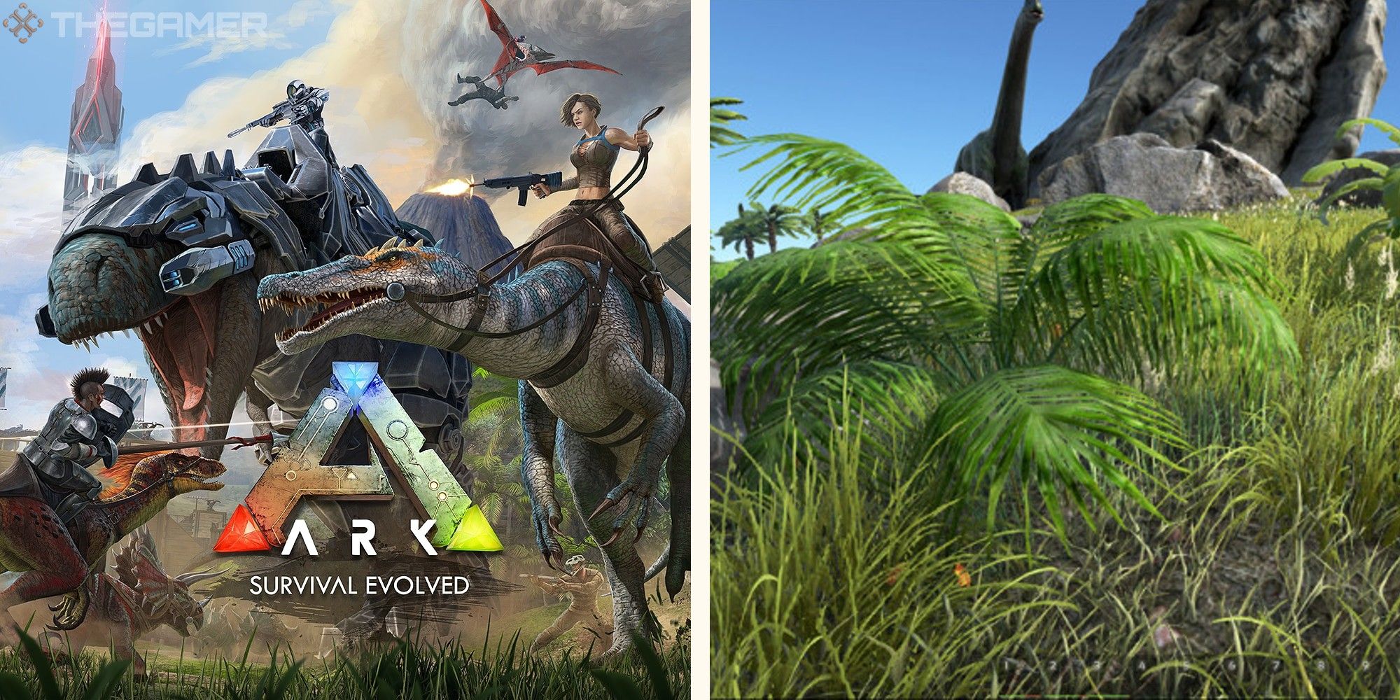 promotional art for ark survival evolved next to image of plant that yields fiber