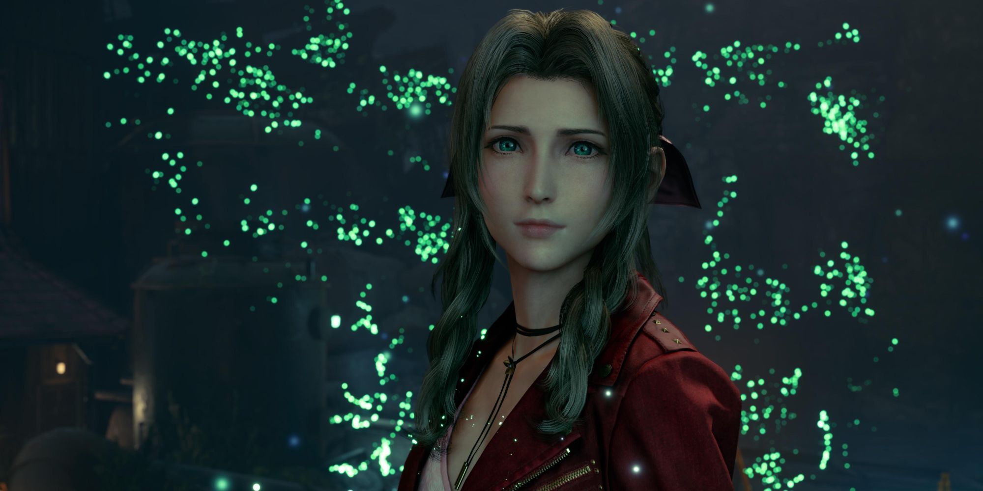 Aerith is surrounded by green light and looks sad.