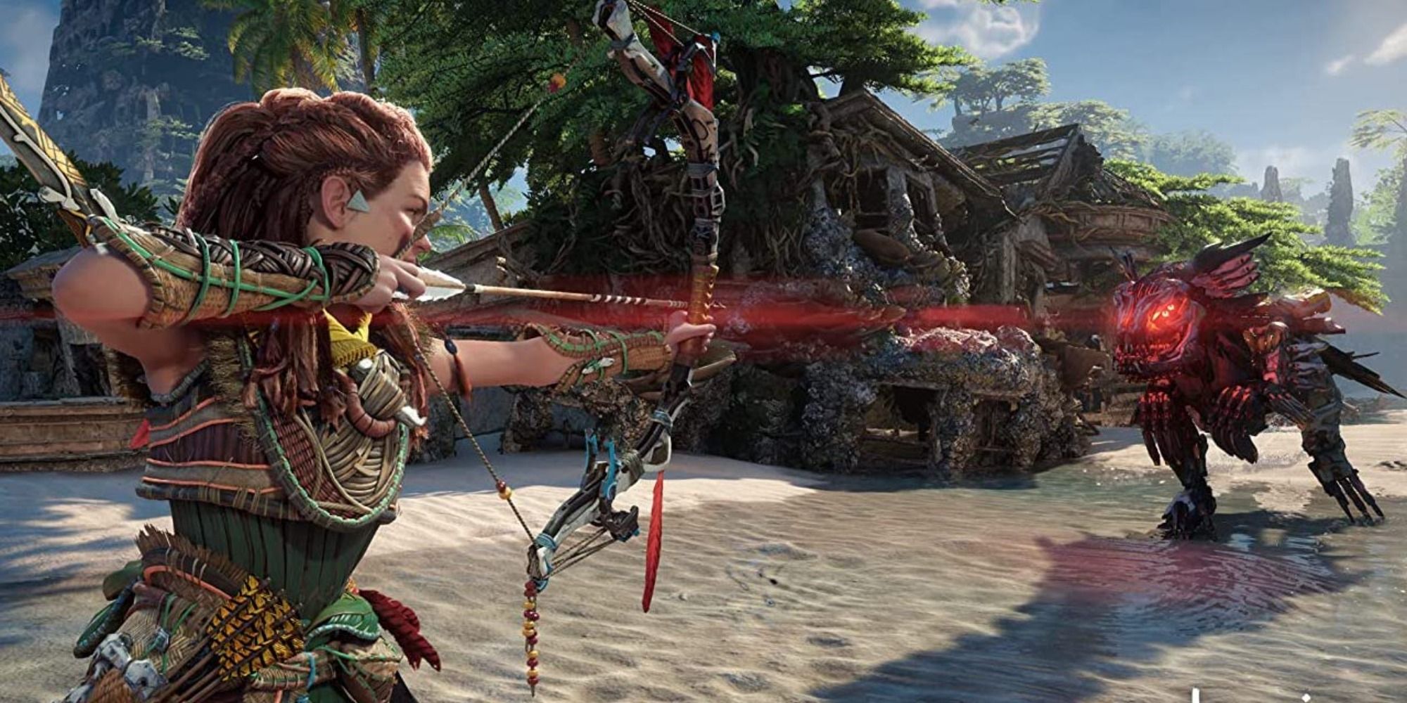Aloy aiming her bow at a robo dino coming at her