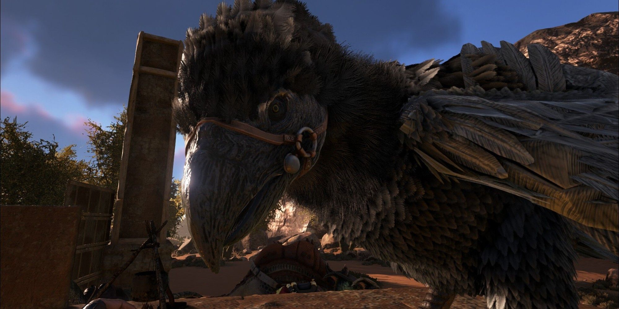player looking at a Argentavis with a saddle equipt