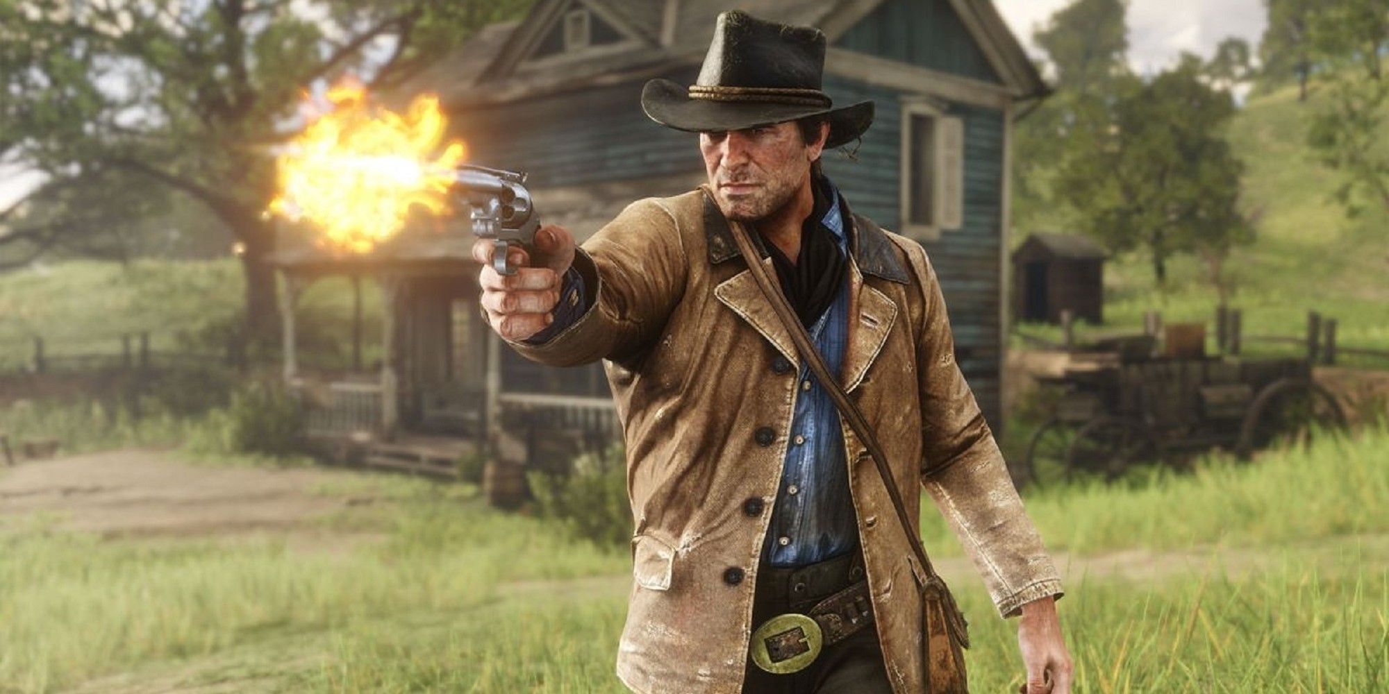 Arthur Morgan Firing His Gun At Someone Offscreen In Front Of House