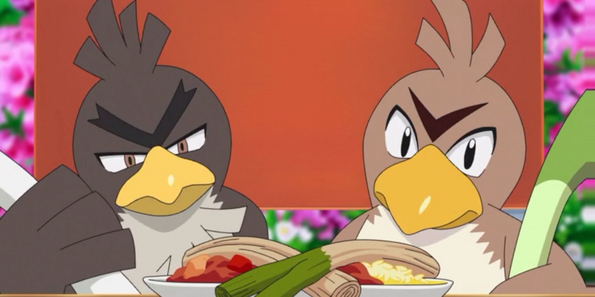 Ash's Galarian Farfetch'd and Goh's Kantonian Farfetch'd eating together.