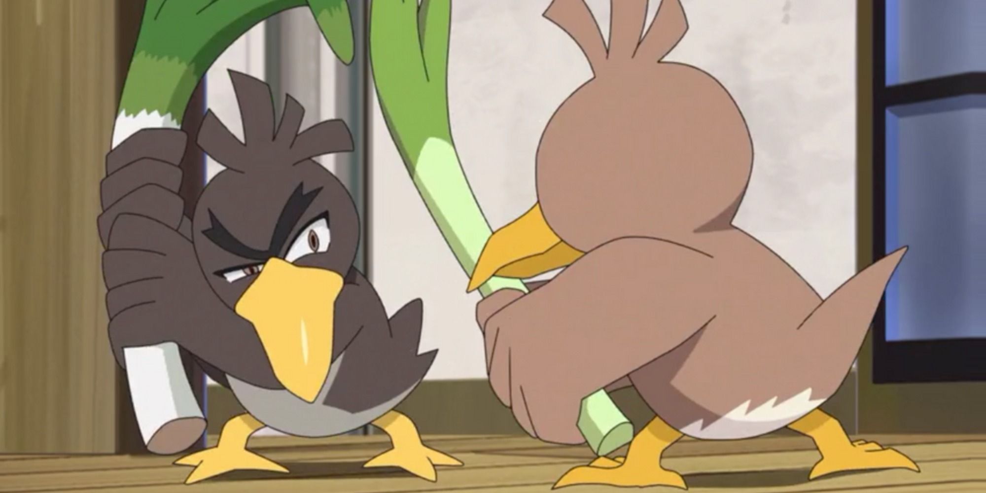 Ash's Galarian Farfetch'd facing off against Goh's Kantonian Farfetch'd