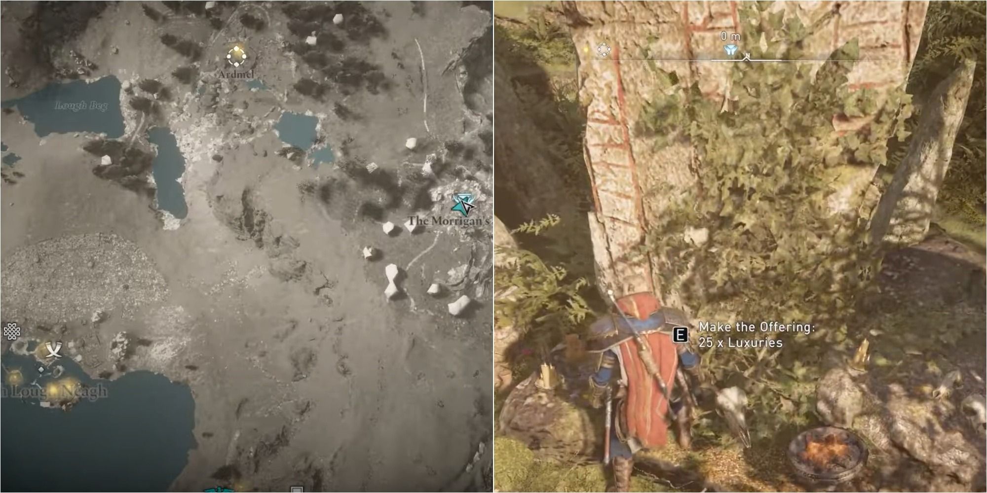 Assassin's Creed Valhalla Split Image Showing Morrigan's Altar Location