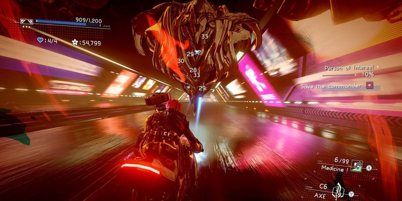 Crius from Astral Chain being chased down a brightly lit tunnel on a motorcycle
