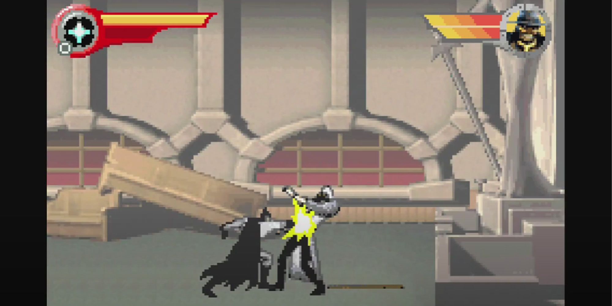 Batman Rise of Sin Tzu Gameboy Advance screenshot. Batman pummels Scarecrow after Flash Bombing him