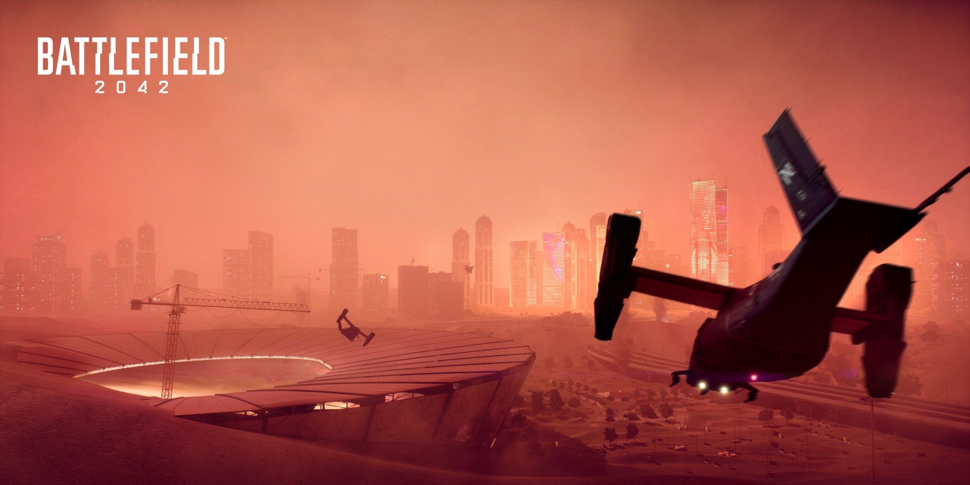 An helicopter flying through a sandstorm in Battlefield 2042.