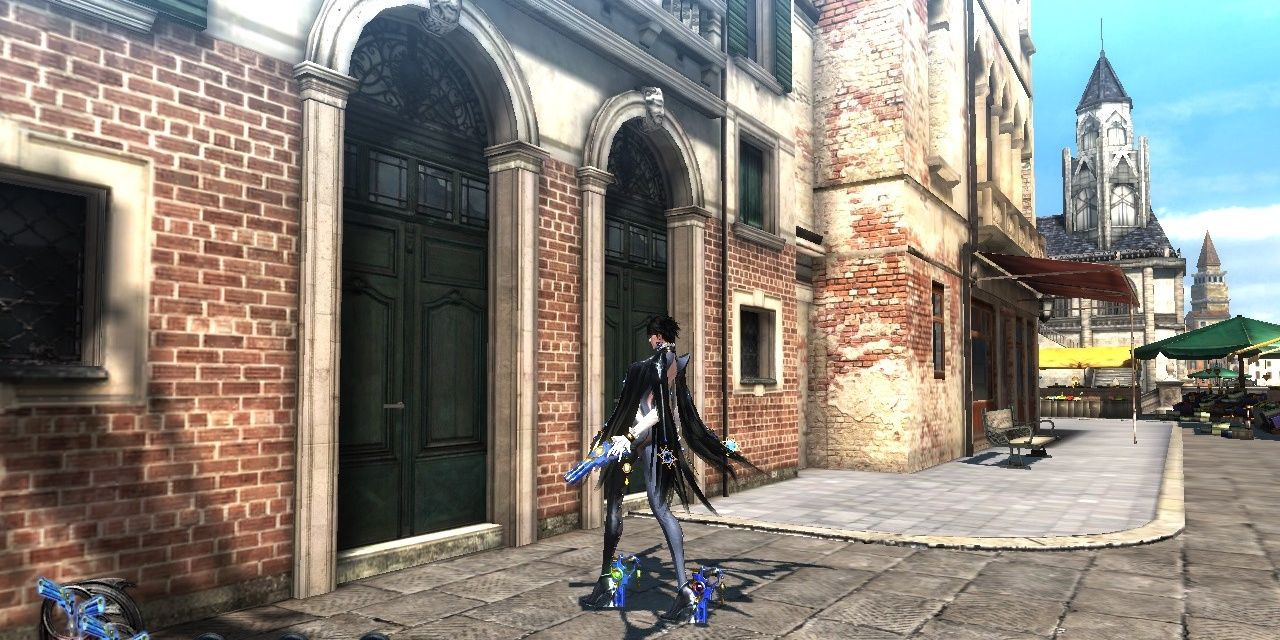 Bayonetta standing in front of a secret code door in Bayonetta 2