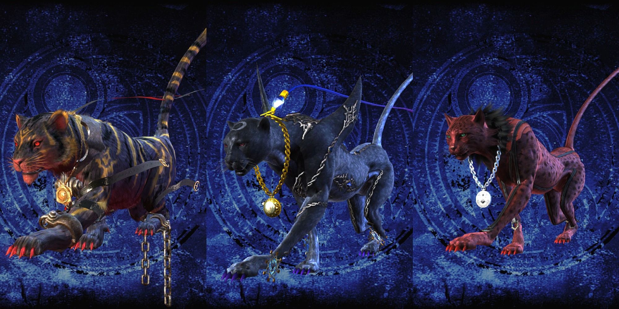 Bayonetta Beast Within Forms of Rosa as a tiger, Bayonetta as a panther and Jeanne as a Lynx, from left to right