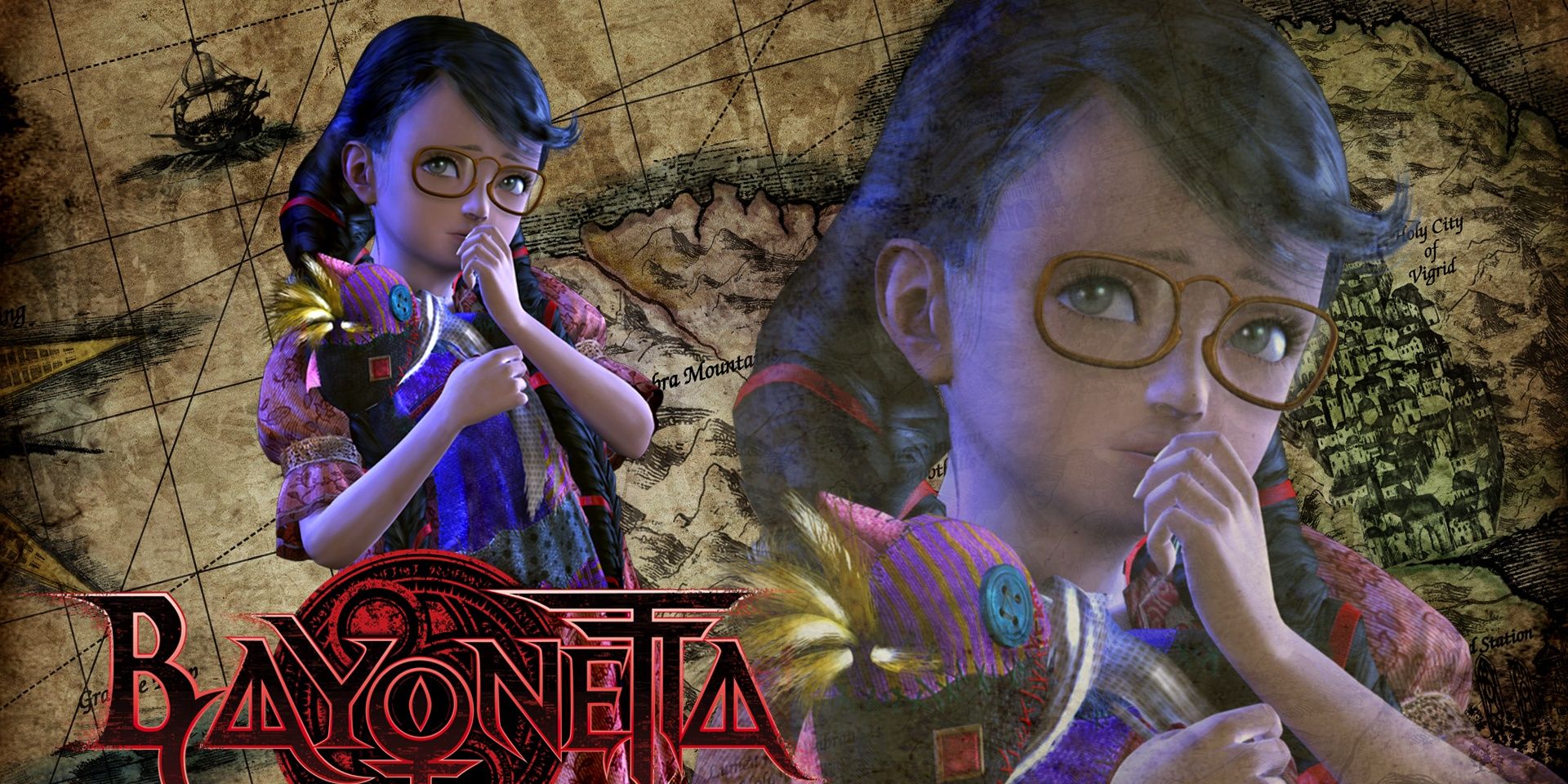 Bayonetta Cereza both at a distance and up close holding her doll, chesire