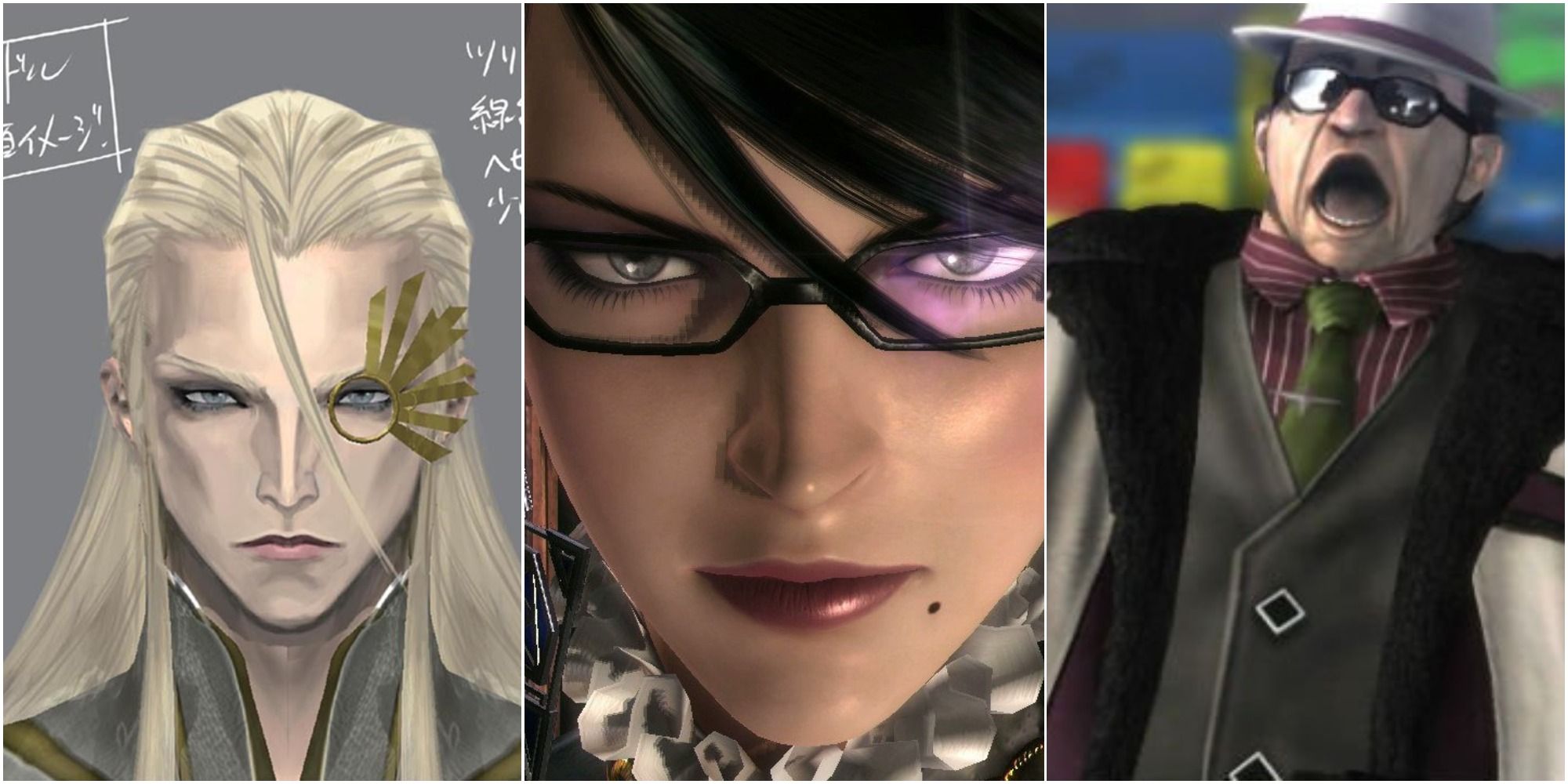 Bayonetta characters with glasses. Balder concept art, Bayonetta up close looking forward, and Enzo in a state of shock in the city