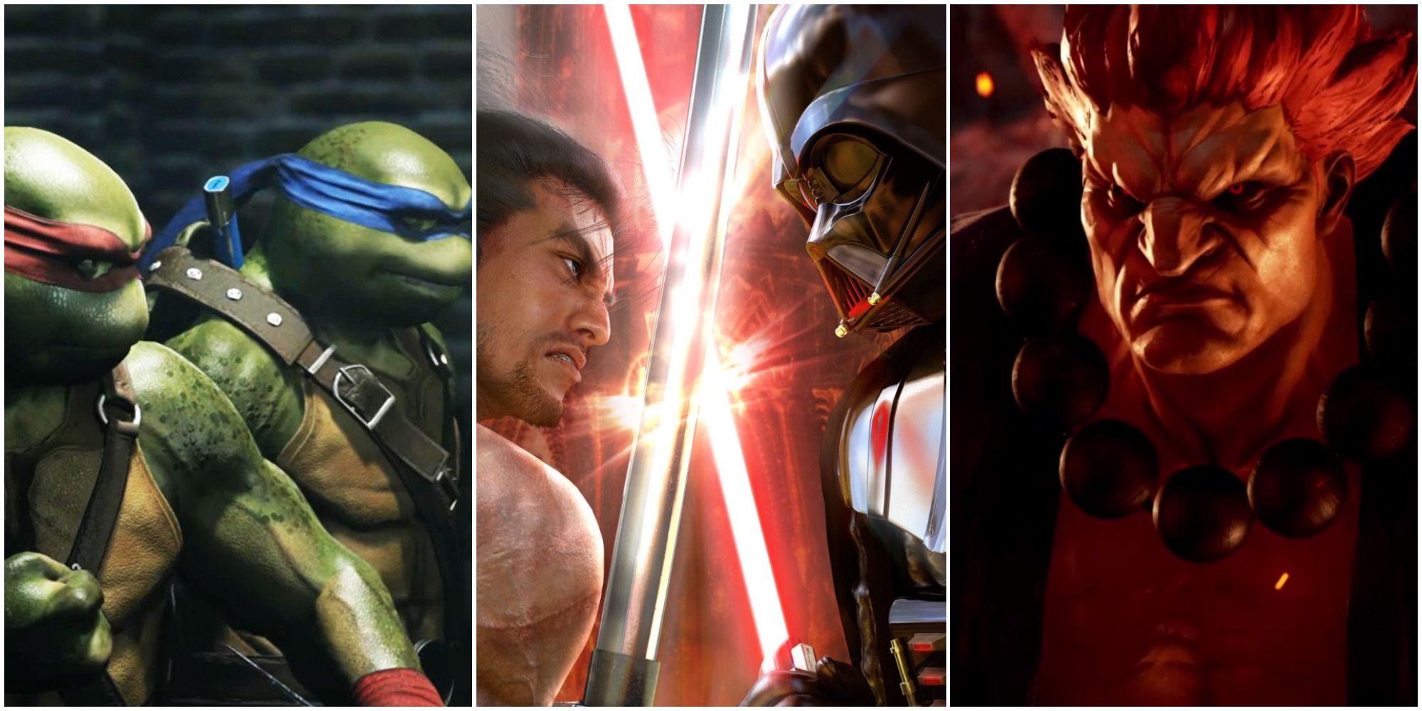 TMNT from Injustice 2, Mitsurugi and Darth Vader from Soul Calibur 4, and Akuma from Tekken 7, left to right