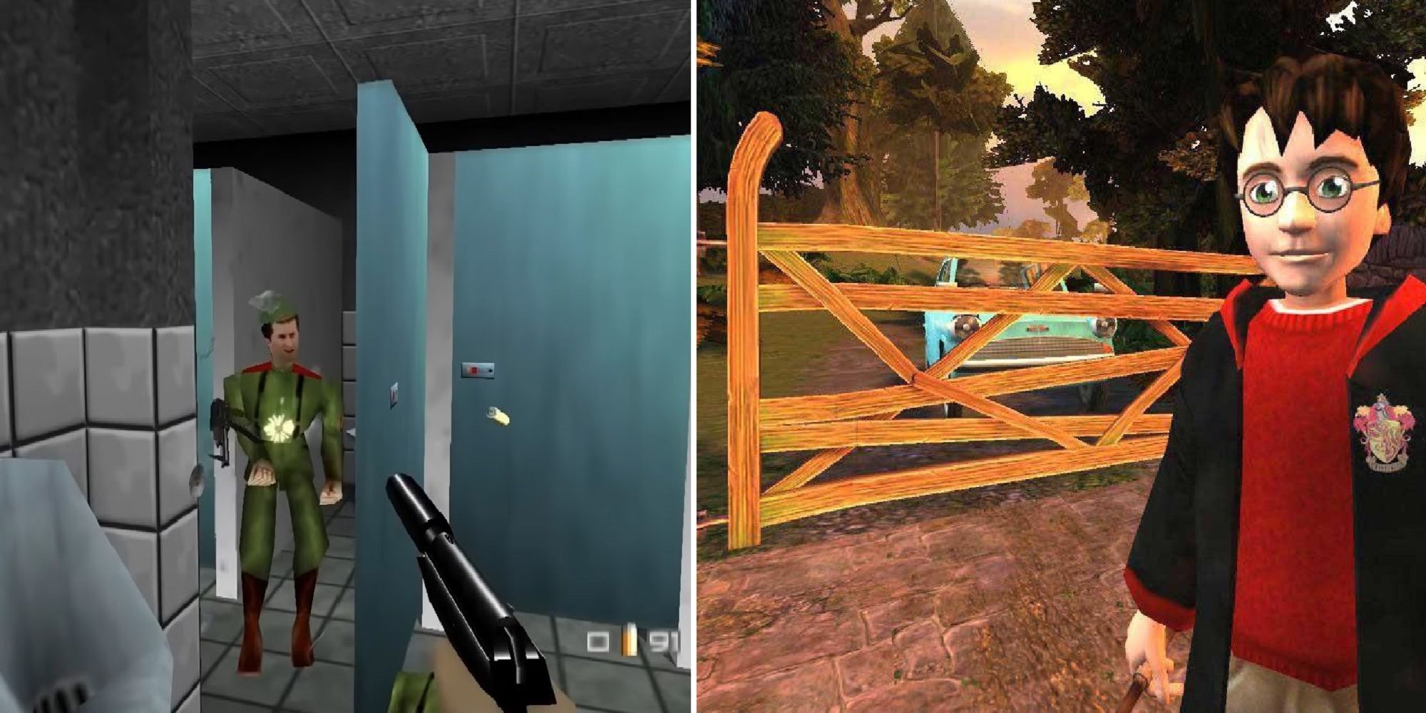 Split image screenshots of GoldenEye 007 Nintendo 64 and Harry Potter and the Chamber of Secrets PlayStation 2