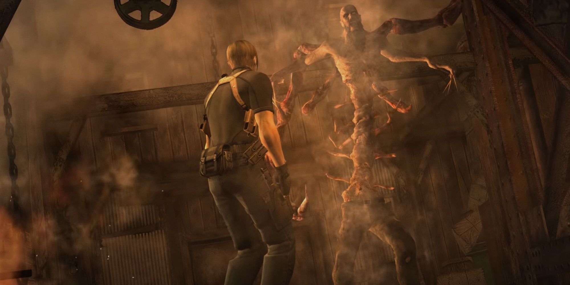 Resident Evil 4 Bitores Mendez. Leon looking up at a large looming figure with its ribs exposed and long arms sprawling out.
