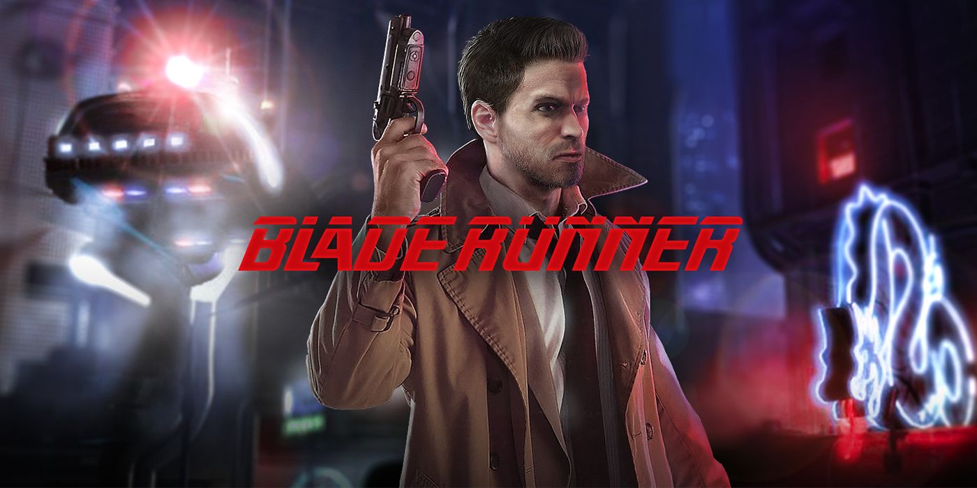Blade-Runner Cover Art, showing the detective Ray McCoy, in a futuristic background with flying cars and neon lights