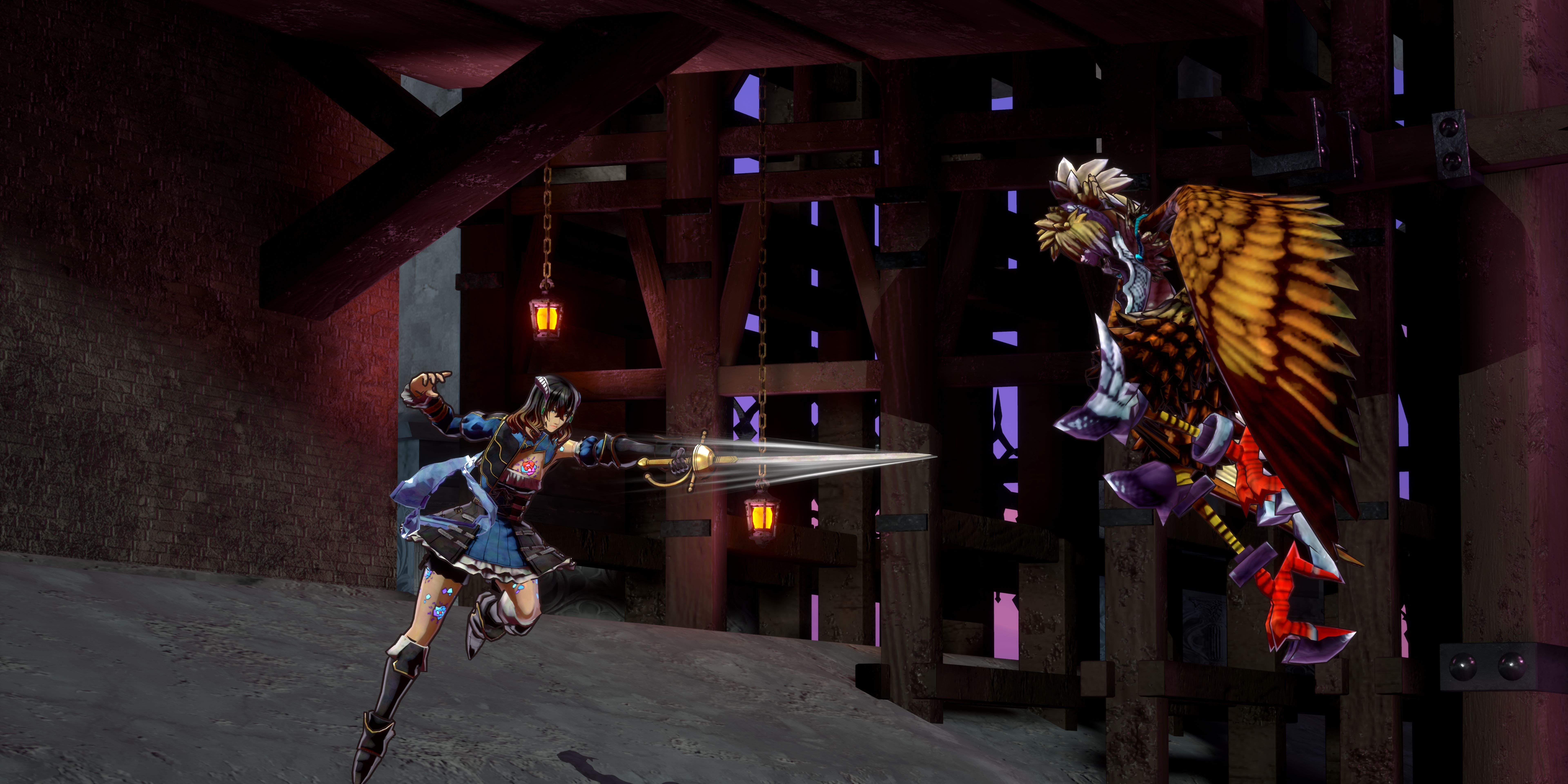 Bloodstained Myriam jumping and attacking a flying enemy with her rapier